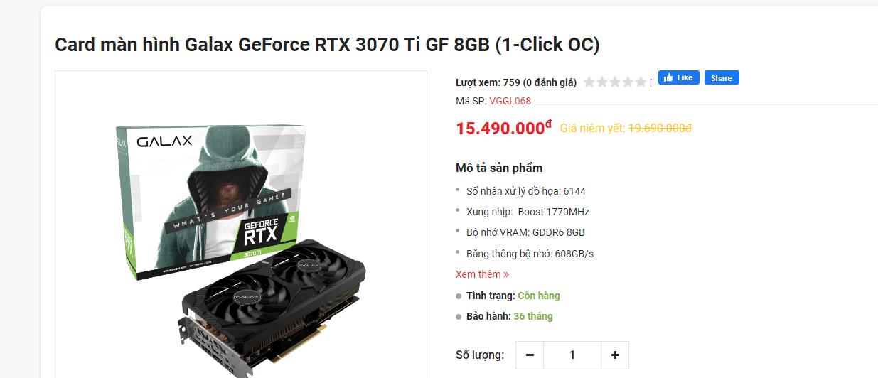 Galax RTX 3070 Ti prices have dropped sharply to around 14.49 million VND for new builds and full PC setups (source: MinhAnComputer)