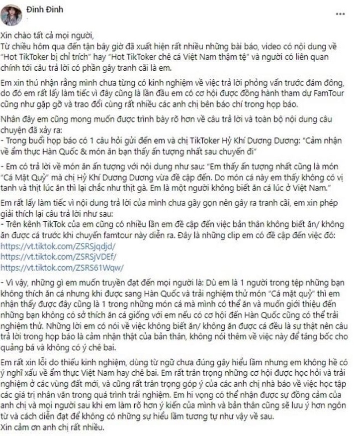TikToker Apologizes After Criticism Over Comments on Vietnamese Fish 1 Goi Mang Ve's explanation and apology.
