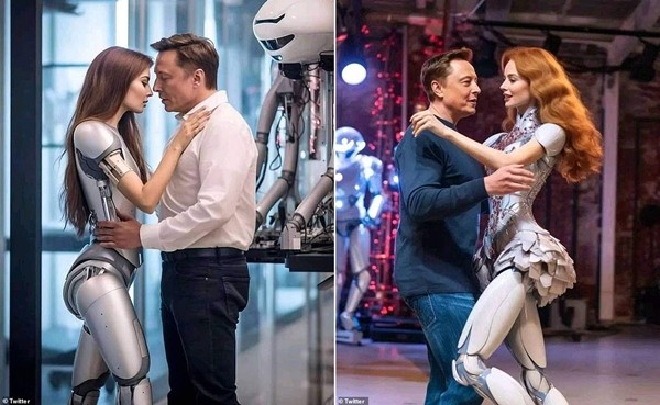 Elon Musk’s Robot Hug Photos Spark Shock Online 1 Elon Musk with humanoid robots. Photo: Twitter.