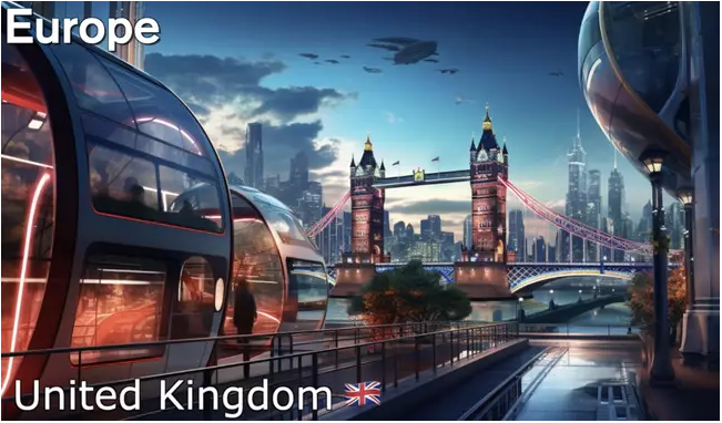 The United Kingdom shows little change. In the distance, London Bridge still proudly stands over the river. People get around in self-driving transparent glass spheres.