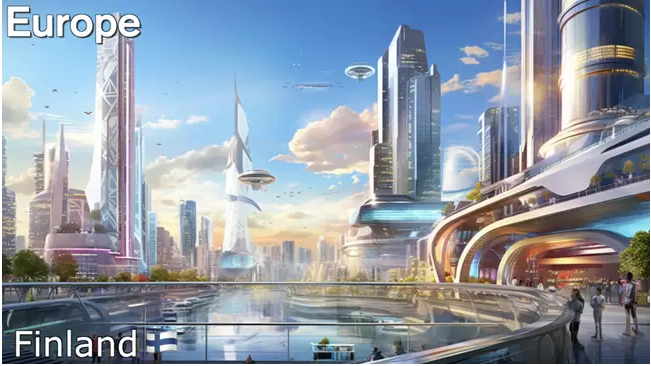 Finland’s future skyline is filled with skyscrapers surrounding a large lake. Instead of traditional transport, citizens use spacecraft to get around.