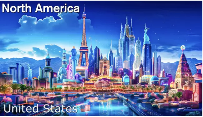 The USA in the year 5000 is bursting with color. Buildings blend styles from many countries, featuring twin towers with statues like the Statue of Liberty and a tower resembling the Eiffel Tower.