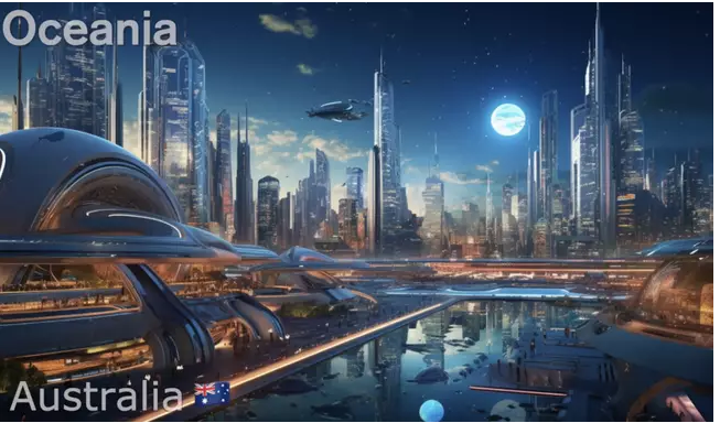 Australia’s technology has advanced so much it can create scenes that are both bright and dark at the same time. People live in skyscrapers and travel by flying vehicles.