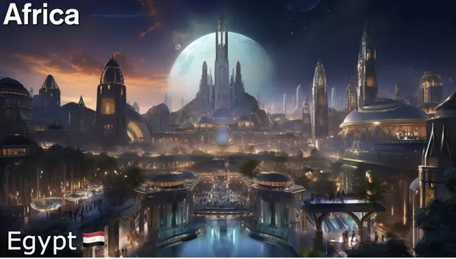 Egypt looks like a scene from a sci-fi movie, with buildings surrounding a large lake. The giant moon in the background surprises many viewers.