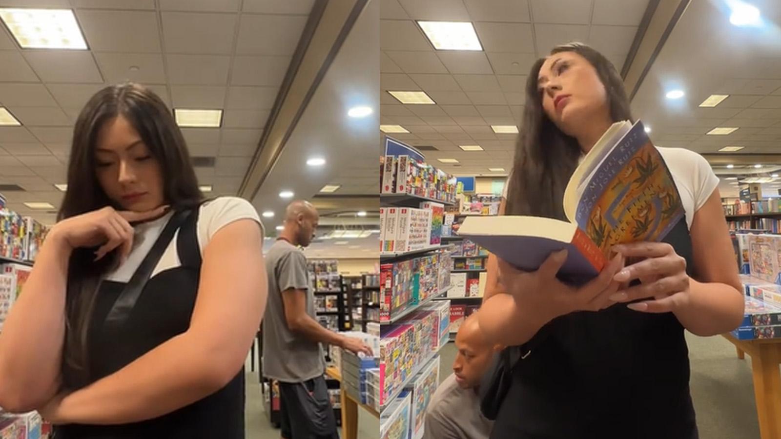 Man sneaking up behind streamer in bookstore