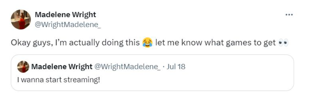 Madelene Wright Teases New Career as a Streamer 3 Madelene Wright streaming announcement on social media