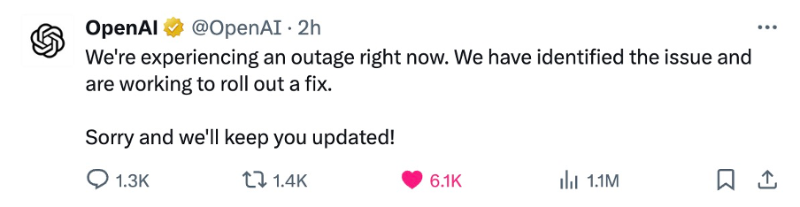 ChatGPT Down Worldwide for Over 3 Hours 1 OpenAI announcement on X (Twitter).