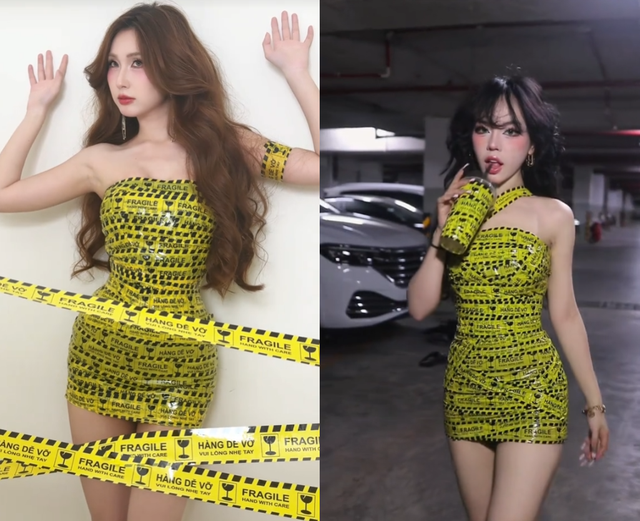 Hot Girl With 110cm Bust Tries Tape Dress Trend and Faces a Hiccup 5 Thu Trang confidently posing in tape dress