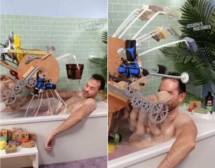 YouTuber Builds Robot to Do His Bathing for Him 2 Robot applying soap and scrubbing