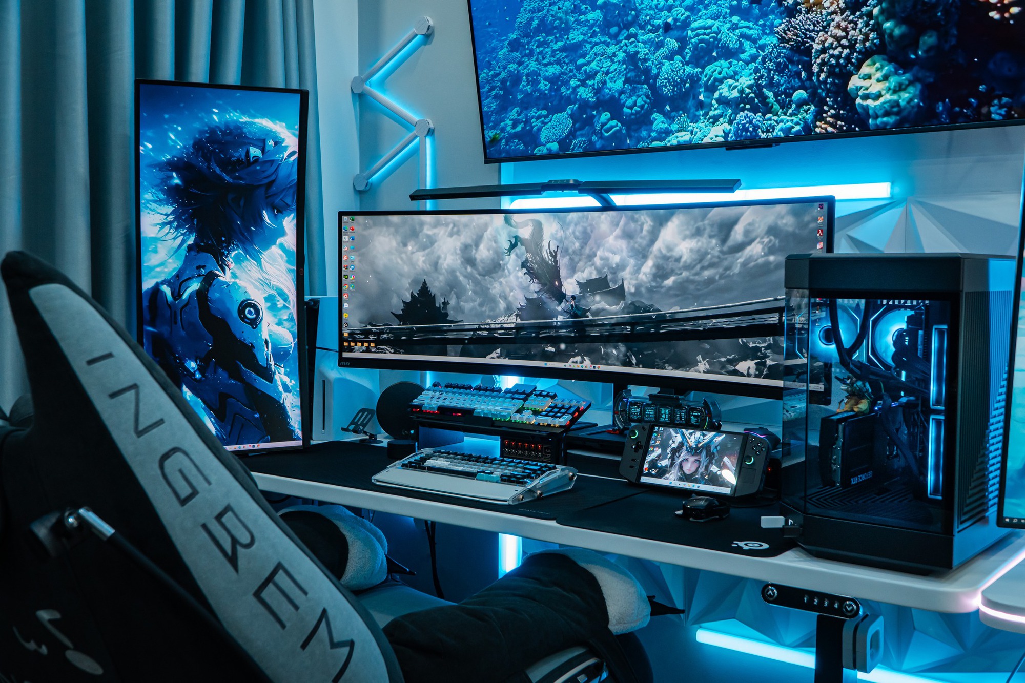 Couple's gaming setups side by side