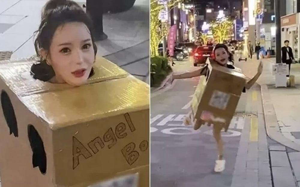 Korean Influencer Faces Jail for Public Breast Touch Challenge 1 Ah In first caught public attention appearing on Apgujeong street wearing a cardboard box labeled 'Angel Box Girl' instead of clothes.