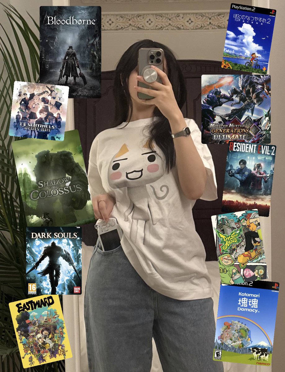 Cosplayer with game covers