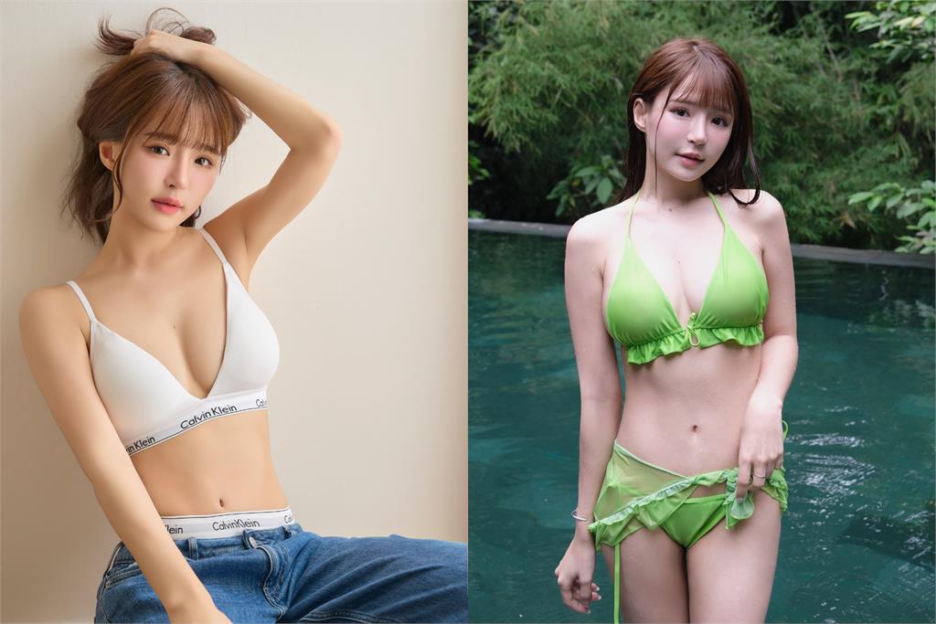 Yuan Yuan in a blue bikini with a sheer mesh jacket at Okinawa beach