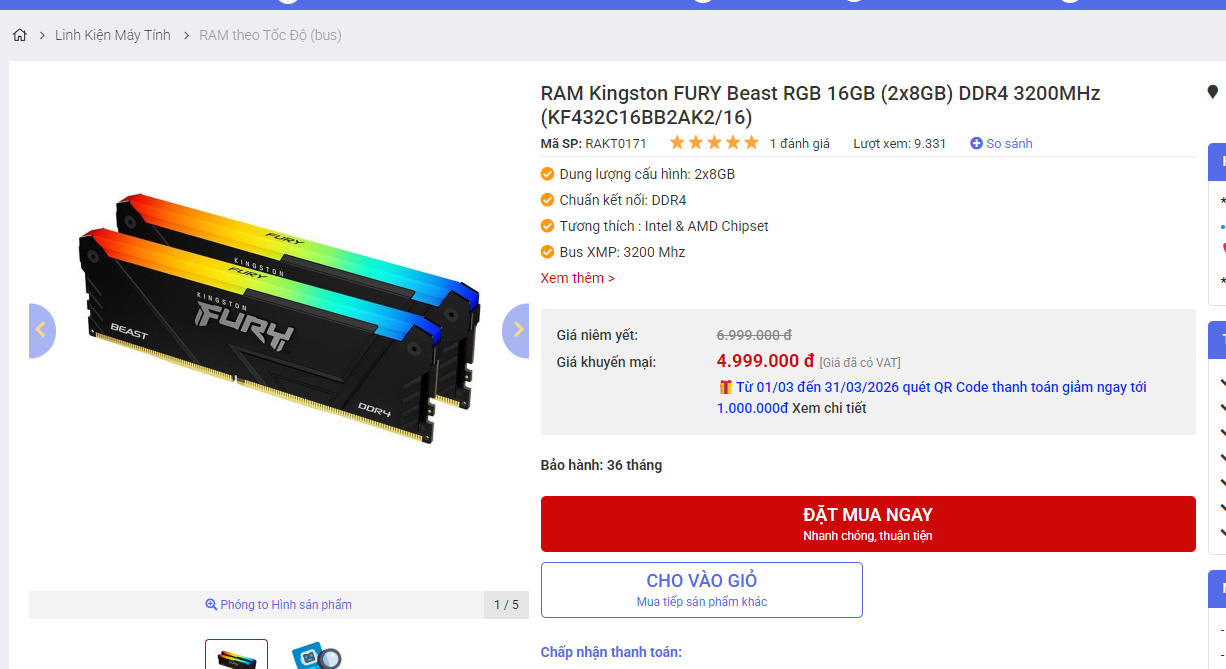 DDR4 RAM prices listed at a major Hanoi store