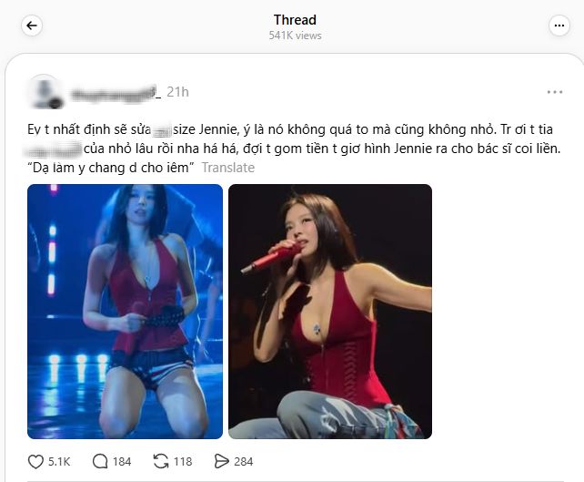 Viral Threads post discussing Jennie's bust size.