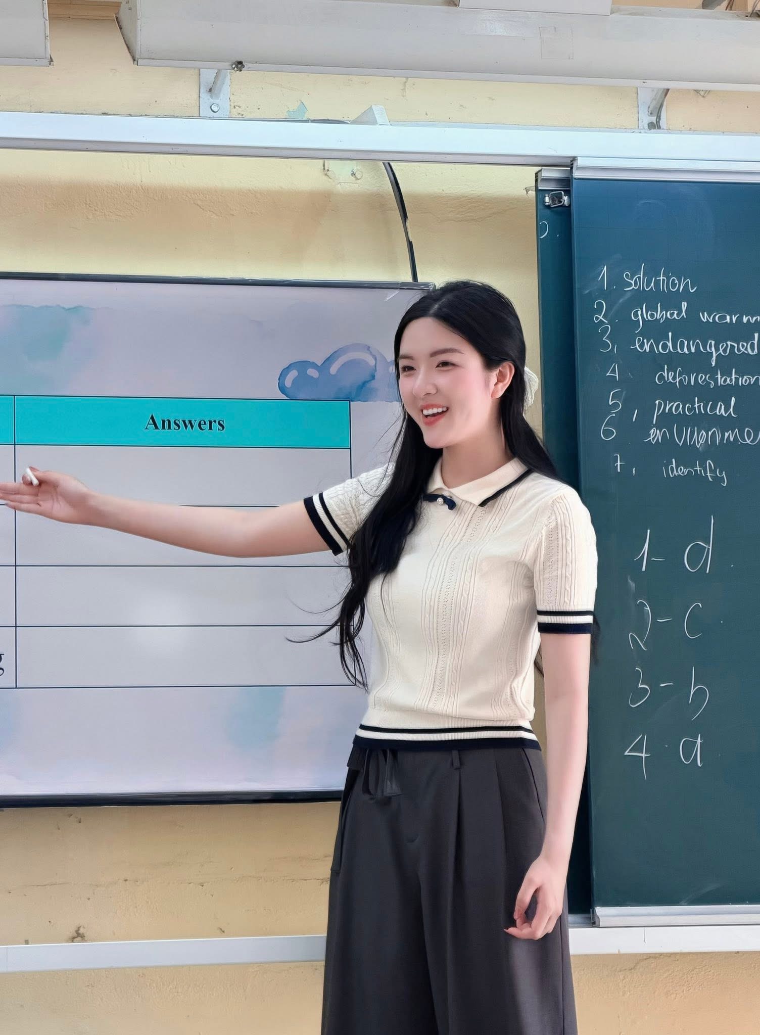 English teacher Vu Mai Thao smiling confidently