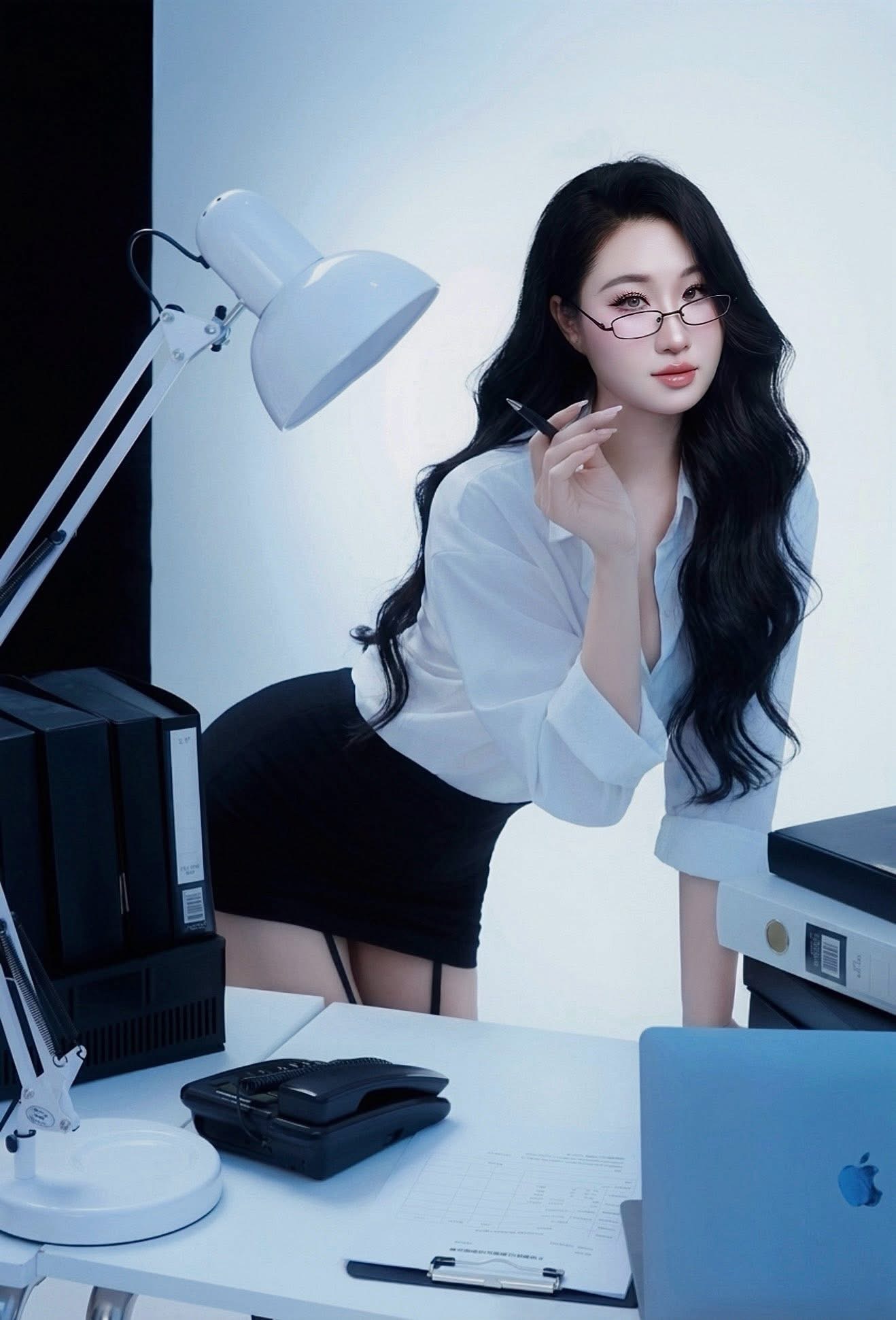 Le Dang posing as a sexy secretary