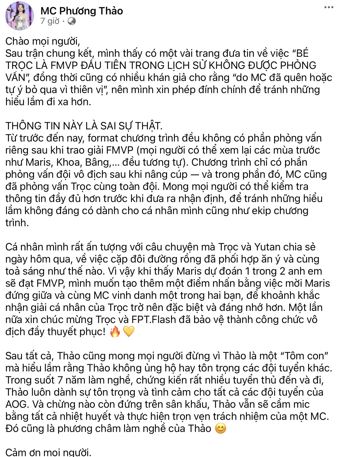 Phuong Thao's official statement