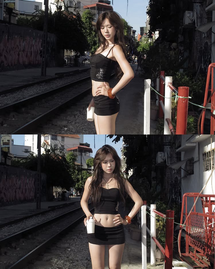Model posing confidently on street
