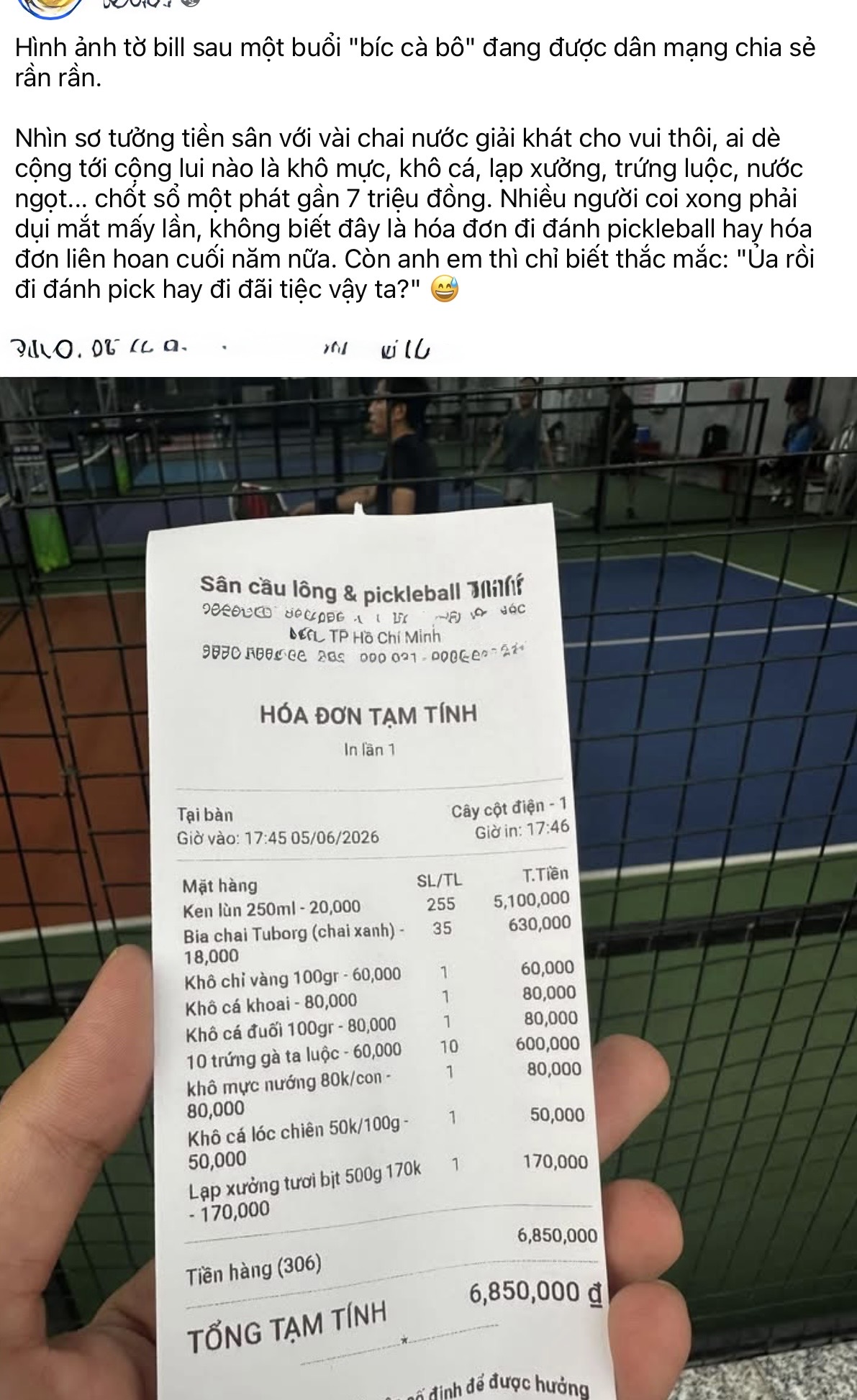 Pickleball bill with snacks and drinks