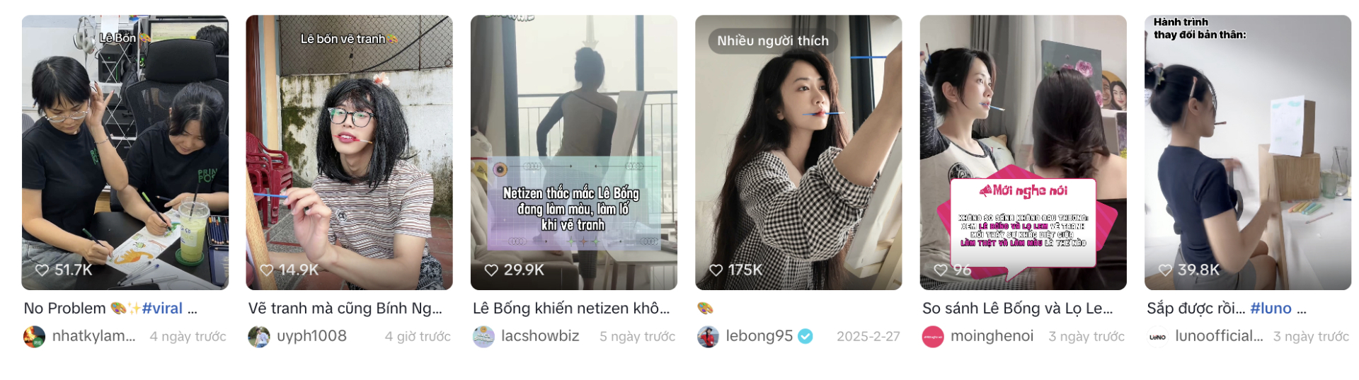Searching 'Lê Bống painting' on TikTok shows many covers of her clips