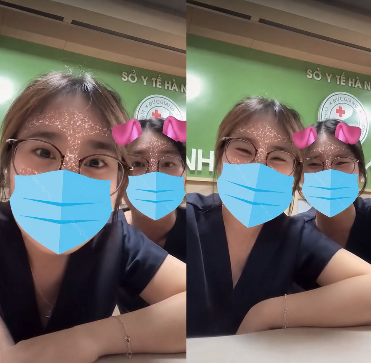 Two medical students livestreaming with playful filters