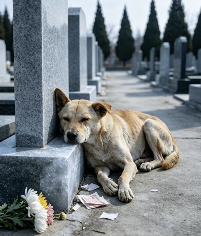 Loyal Dog Guards Owner’s Grave for 10 Years Without Leaving 1 Golden dog lying by tombstone