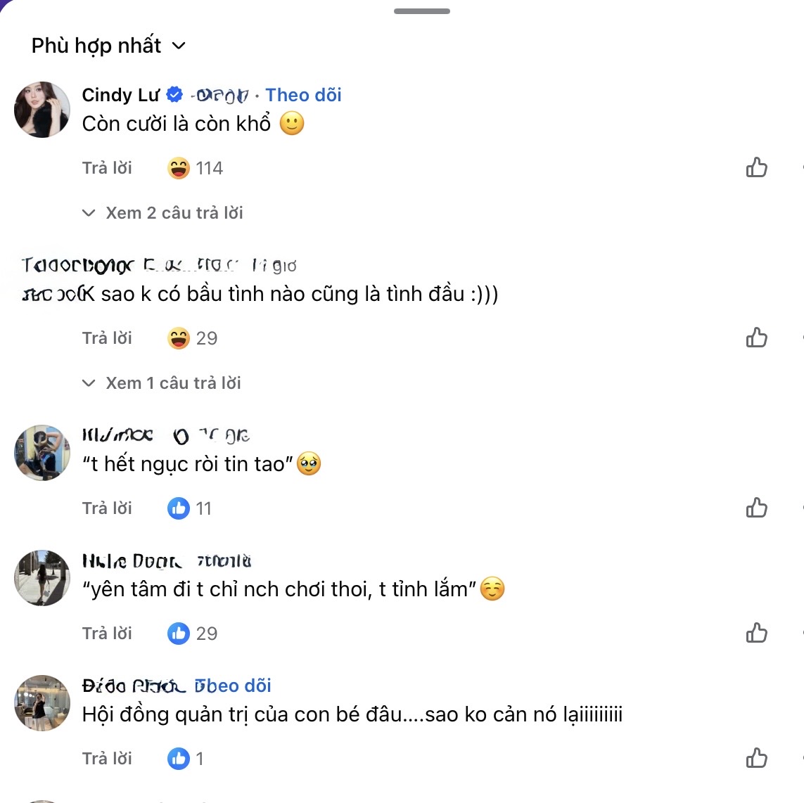 Cindy Lư commenting on Helia Bảo Hân's post